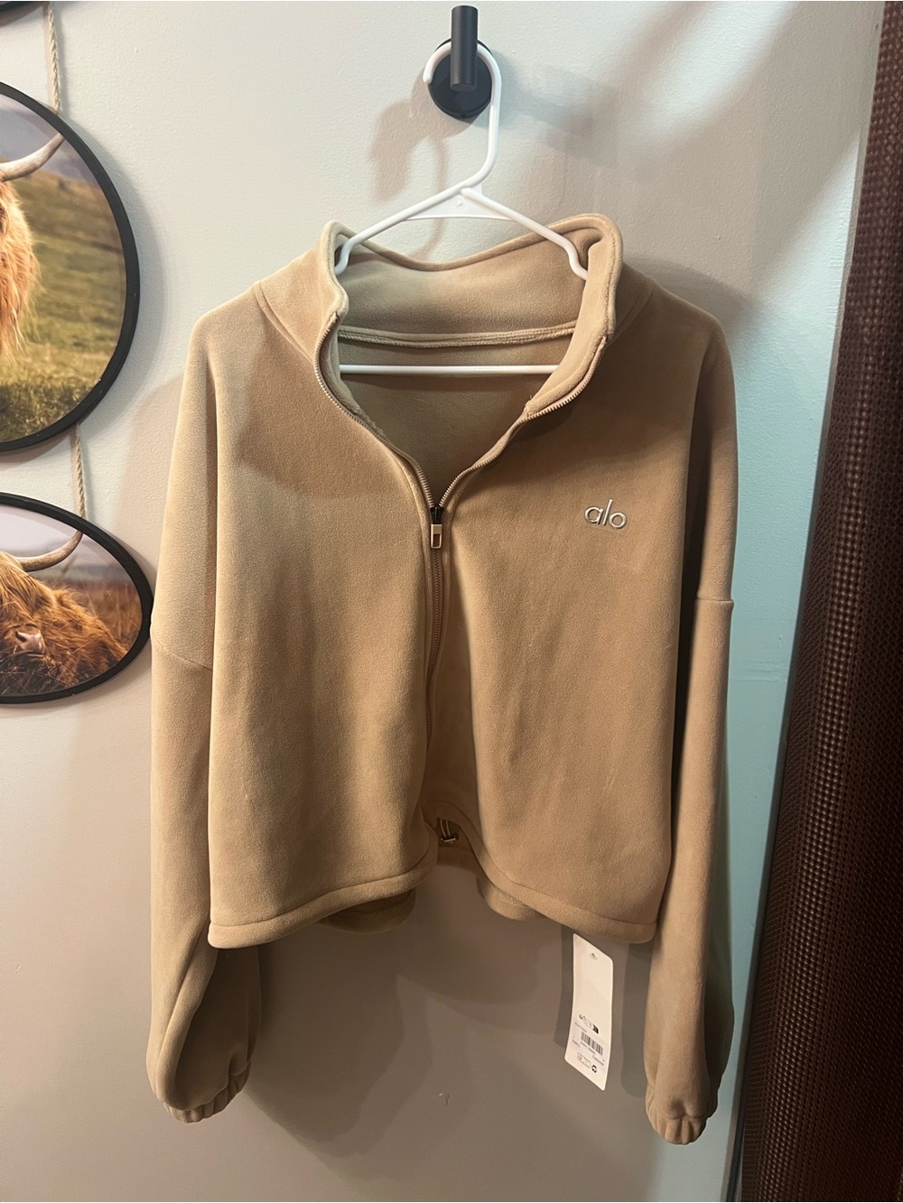 Alo Cropped Zip-Up Fleece Jacket in Tan. (Please Read Description)